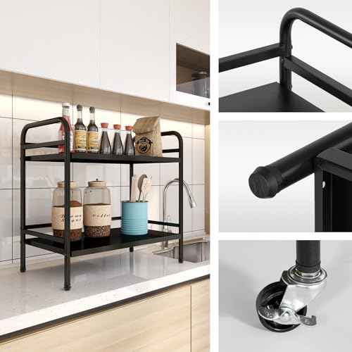 HDANI 2 Tier Under Desk Printer Stand with Storage,Microwave Storage Rack,Metal Rolling Printer Cart with Wheels for Home Office,Utility Storage Cart and Stand,Black