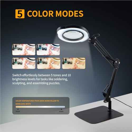 12X Magnifying Glass with Light and Stand,2-in-1 LED Desk Lamp & Clamp,5 Color Modes Brightness Stepless Dimmable,Magnifier with Light Hands Free,Reading,Hobby Close Work