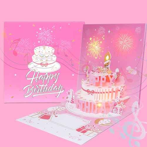 Musical Birthday Cards with Light and Music, Blowable, 3D Birthday Popup Cards for Men & Women? Plays Hit Song 'HAPPY Birthday' (pink)