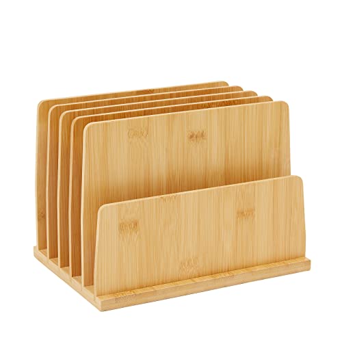 Bamboo Wooden Mail Holder, File Sorter for Letter and Folder Document Storage, Envelope Organizer with 5 Slots for Office Desk, Countertop, Home Organization (10x7 in)