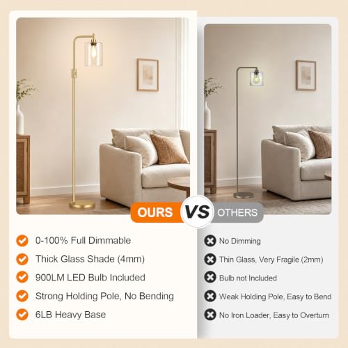 Yemela Clear Glass-Gold Dimmable Floor Lamp with 900LM LED Bulb, Modern Arc Standing Light