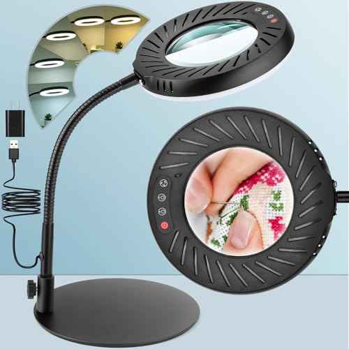 10X Magnifying Glass with Light and Stand, 5 Color Modes Stepless Dimmable LED Desk Lamp, Adjustable Flexible Gooseneck Lighted Magnifier Hands Free for Close Works, Crafts, Hobby, Reading, Painting
