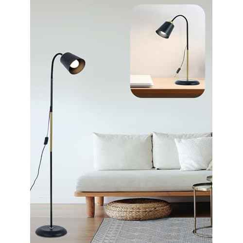 AoMck Floor Lamp, Industrial Metal Floor Lamps for Living Room with Adjustable Gooseneck Bendable 2 in 1 Reading Table Lamps for Living Room Bedroom Office (Black)