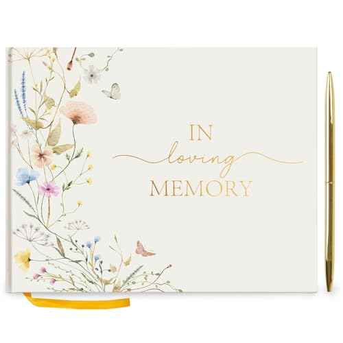 Hunanyume Funeral Guest Book for Memorial Service, in Loving Memory Guest Book with Gold Pen Please Sign Table Card, Wild Floral Funeral Sign in Book for Guests (7" x 9")