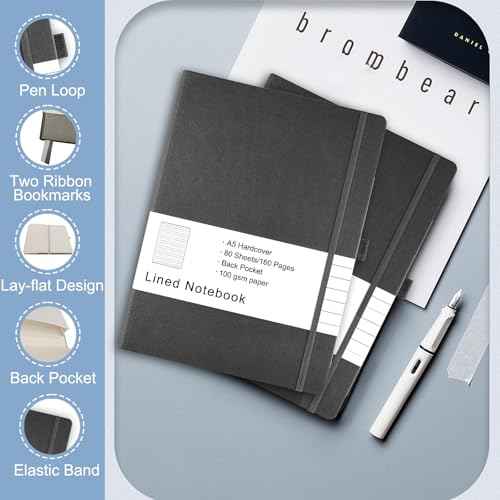 A5 10-Pack Lined Journal Notebook for Women Men, 160 Pages 100 GSM Thick Paper, 5.7 x 8 inches, Hardcover Notebook with Pen Loop£¨Dark Grey£©