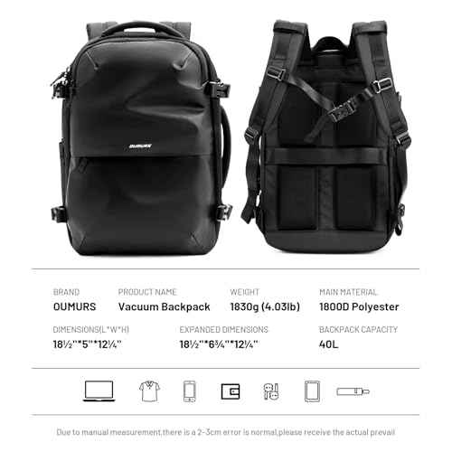 Laptop Backpack for Long Travel with 30-40L Expandable Large Capacity Water-resistant Black 1800D Oxford Fabric Lamination Fabric