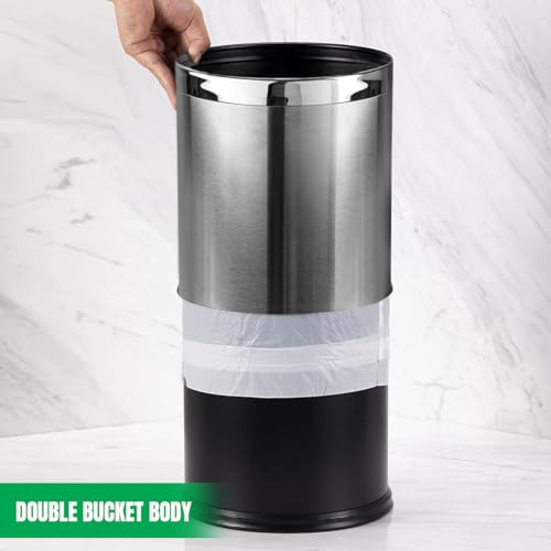 Small Office Trash Can, Open Top Small Wastebasket Bin, Stainless Steel Garbage Can, 'Invisi-Overlap' Metal Decorative Waste Basket for Powder Room, Vanity, Bathroom, Home, Modern
