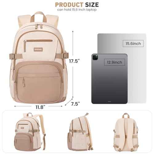 Backpack for School Girls, Cute High School Backpacks for Teens Women Student Large Bookbag 15.6 Inch Laptop Bag with USB Charger Port for College Work Travel Trip (Khaki Beige)
