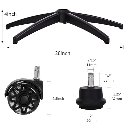 Frassie Office Gaming Chair Metal Base Replacement with 5 Wheels Bell Glides Replacement, 28 Inch Heavy Duty 2500 Lbs Universal Computer Chair Stool Base Part (Black)