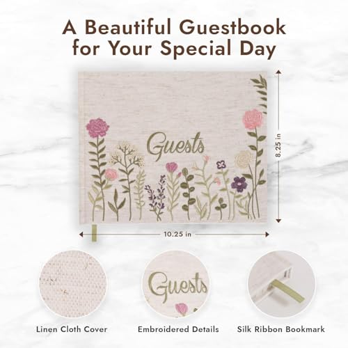 Upstart Decor Natural Linen Embroidered Photo Wedding Guest Book – Pink Floral Cover, 160 Pages