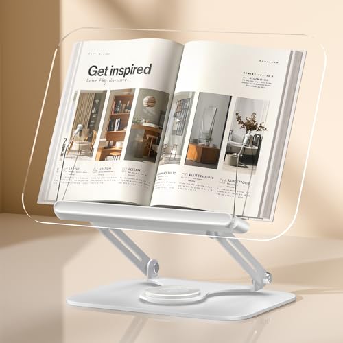 ASIEIT Book Stand for Reading, Acrylic Adjustable Book Holder with 360¡Æ Rotating Bases & Elastic Page Clips, Foldable Desktop Riser, Multifunctional Display Stand for Bible, Laptop, Recipe, Textbook