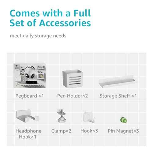 Clamp-on Desk Pegboard, Desk Organizer for Office Gaming Home, Magnetic Metal Peg Board with 10 Accessories, Privacy Panel for Office, 16.5" x 12.6", Medium, White