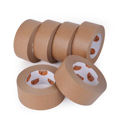 TAPEBEAR Eco-Friendly Kraft Paper Tape, Biodegradable Kraft Paper Tape, Recyclable Writable Packing Tape, Non-Coated Surface for Masking, Sealing, 2inch x 60yards, 6Rolls