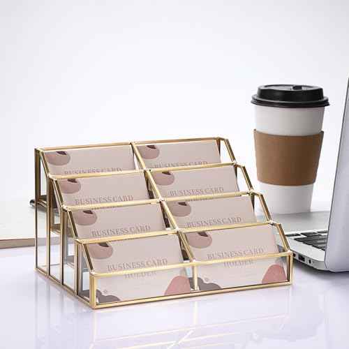 Hipiwe Mirrored Glass Business Card Holder Gold Business Card Display Stand for Desk Multiple Clear Business Card Holder Display for Office Desktop Cards Display Stand for Women Men, 8 Slots