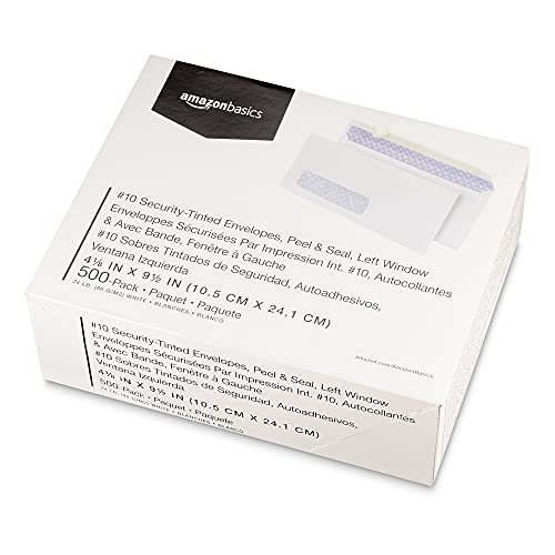 Amazon Basics #10 Security Tinted Self-Seal Business Envelopes with Left Window, Peel & Seal, White, 500-Pack