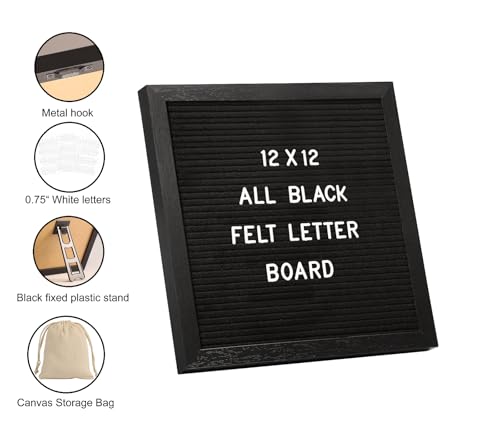 Black Felt Letter Board 12x12 Inches with 335 Changeable Letters and Storage Bag