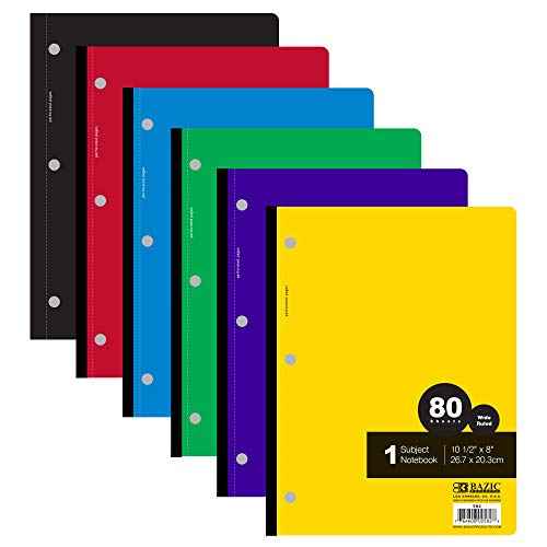 BAZIC Products Notebook Wide Ruled 1 Subject 80 Sheets Wireless Notebooks, 3 Punched Holes Lined Composition Book, Assorted Color, 24-Pack