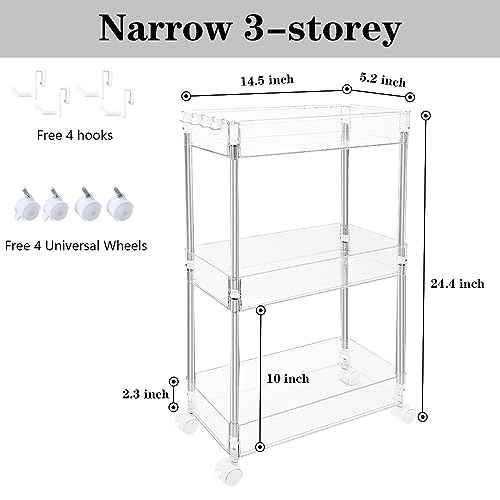 Versatile Transparent Rolling Storage Cart, Slim Design, 3 Tier Multi-Purpose Organizer for Kitchen, Bathroom, Office, and More (Slim 3-ply)