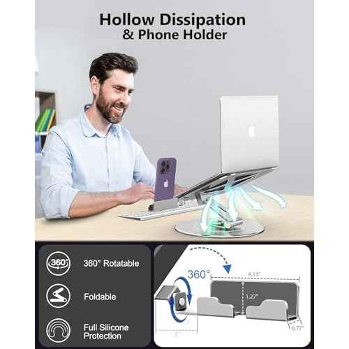 Laptop Stand with Phone Holder, Adjustable Laptop Stand with 360 Rotating Base, Aluminum Computer Mount Holder, Ergonomics Laptop Riser for Desk, Fits MacBook, up to 17.3" All Notebooks Silver