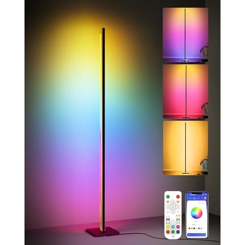 Gold Floor Lamp with Remote, Aluminum RGB LED Corner Lamp with Alexa, 1600 Lumen Standing Lamp with DIY Music Sync and 16 Million Colors, Smart Dimmable Floor Lamp for Living Rooms, Bedrooms