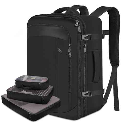 Vancropak Travel Bag, Extra Large 40L Carry on Backpack with 3 Packing Cubes Airline Approved for Men Women, Expandable Luggage Weekender Overnight Business Backpack, Gifts for Travelers, Black