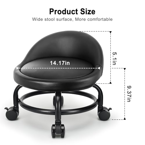LWADALN Style 4 Rolling Stool with Backrest – 9.37in Height, 300lb Capacity, PU Leather