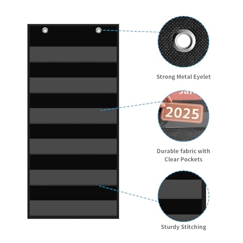 ANCOMEDO 10”W x 25”H Classroom Words Pocket Chart with 6 Clear Pockets, Black