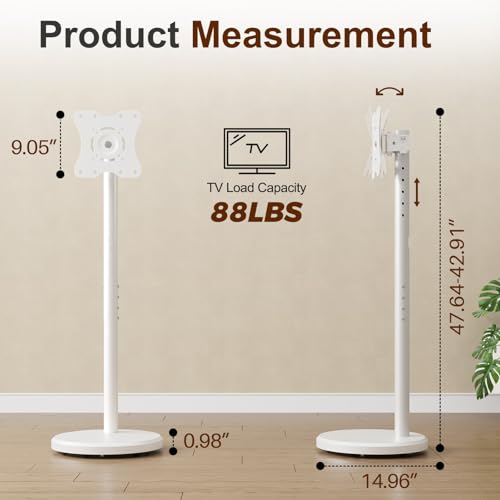 Mobile TV Cart Rolling TV Stand for 10-46 Inch Flat/Curved Screen Up to 88lbs, Height Adjustable Portable TV Cart with Tilting and Rotating, TV Stand with Wheels, Max VESA 200x200mm (White)