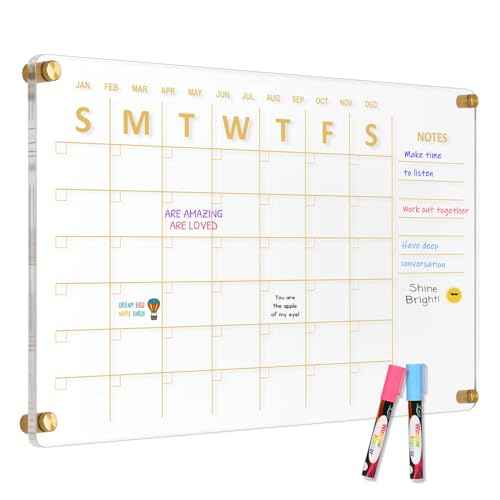 Large Acrylic Calendar for Wall, 24" X 16" Golden Clear Acrylic Wall Calendar, Clear Wet & Dry Erase Calendar Hanging Frameless Monthly Planner for Office, Home or School, 2 Markers