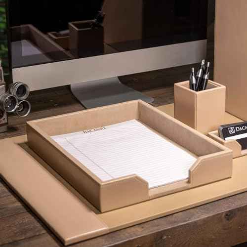 DACASSO Bonded Leather Desktop Letter Tray - Luxury Letter Holder & Paper Organizer for Desk - Office Organization & Executive Desk Decor - (White Latte)