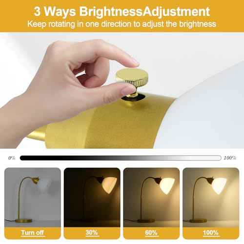 LED Desk Lamp for Home Office, 3 Levels Dimmable Reading Light, Flexible Gooseneck Table Lamp for Bedside Office, Rotary Switch Control, Desk Lamp for College Dorm Study Lamp, Bulb Included, Gold