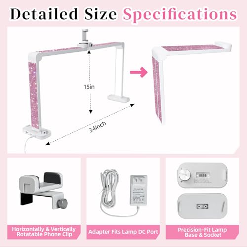 BZJ 34in Large Nail Light for Desk Foldable Moon Lamp LED 3 Color Stepless Dimming Pink Table Lamp with Base Phone Stand for Beauty Eyelash Makeup Tattoo Crafts Reading Spa Salon Tech