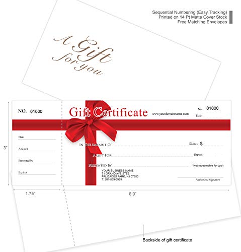 Custom Gift Certificates For Business - Red Ribbon, Include Your Store Name & Address with Free Envelopes