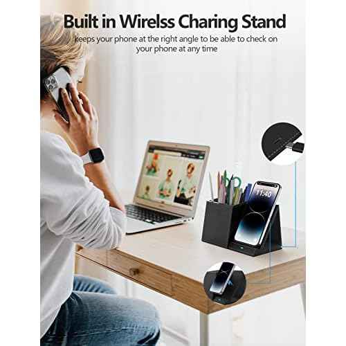 Pen Holder with Wireless Charger, Compatible with iPhone 17/16/15/14/13/12/11/8 Series, Pencil Holder Phone Stand for Desk Home Office, Men Gift Husband Wife Anniversary Dad Birthday Idea Gadget