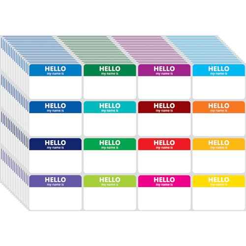 400 Pcs Name Tags Colorful Sticker-16 Colors (3"x2") Hello My Name is Peel & Stick Identification Badges for School, Office, Conferences & Family Parties.