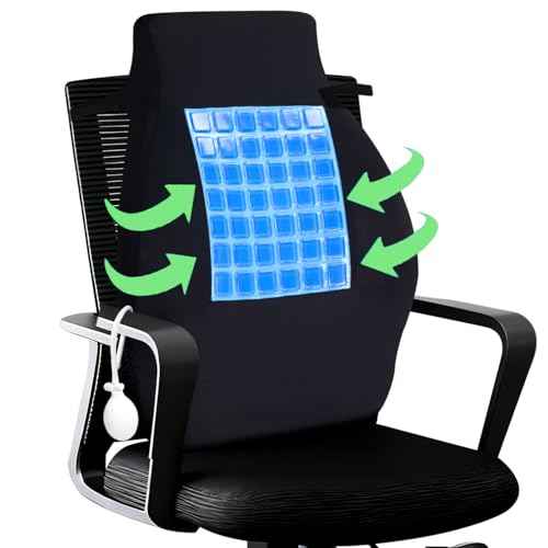 21.7'' Extra Long Cooling Gel Lumbar Support Pillow with Adjustable Air Pump for Lower Back Pain Relief, Back Rest Support Cushion for Office Chair, Wheelchair, Car, 2 Adjustable Straps, Black