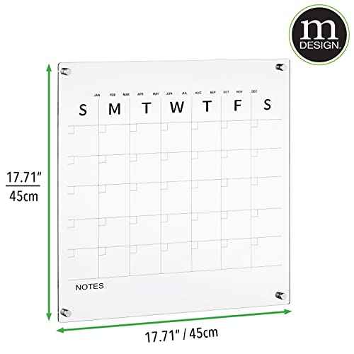 mDesign Modern Acrylic Calendar for Wall with Dry Erase Marker - Wall Mount Monthly Planner Board for Home, Office, Kitchen - 17.71" Square - Clear/Black Print with Chrome Finish Mounting Hardware