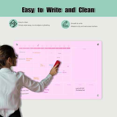 Large Acrylic Calendar for Wall,24"X16",Acrylic Dry Erase Calendar for Wall,Pink Dry Erase Board for Home/Office