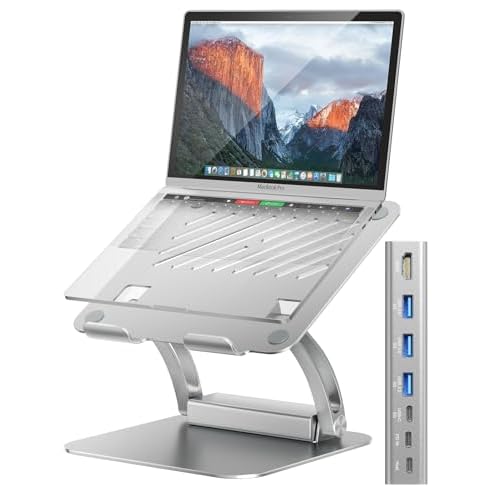 tounee Laptop Stand with Detachable USB-C Hub, 100W PD Charging, 4K@60Hz HDMI, 3 USB Ports, Ergonomic Laptop Holder Docking Station for 10-17" Laptops, MacBook & More - Silver