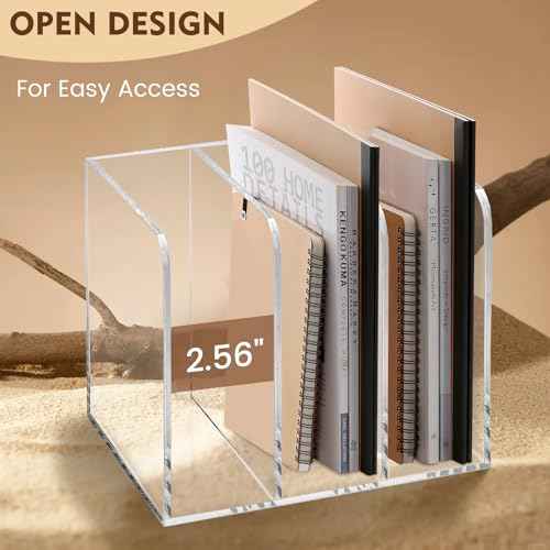 B5 Thickened Acrylic Desk Organizer,Book Organizer,Acrylic Book Holder,Acrylic File Organizer Equipped with 3 Vertical Compartments Rack,with Scratch-Resistant Pads to Protect Your Desktop