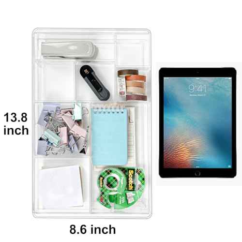 8-Section Clear Drawer Organizer, Large Acrylic Drawer Divider Tray for Desk,Bathroom,Office Makeup,Junk, Plastic Drawers Organizer 13.7" x 8.7" x 2" (8-Section)