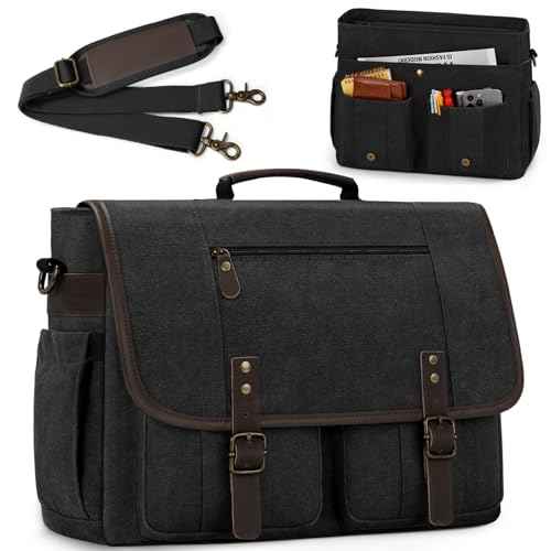 RAINSMORE Mens Messenger Bag 17-17.3 Inch Vintage Canvas Briefcase Water-resistant Large Computer Laptop Bag Rugged Satchel Shoulder Bag for Work Travel, Bookbag for College