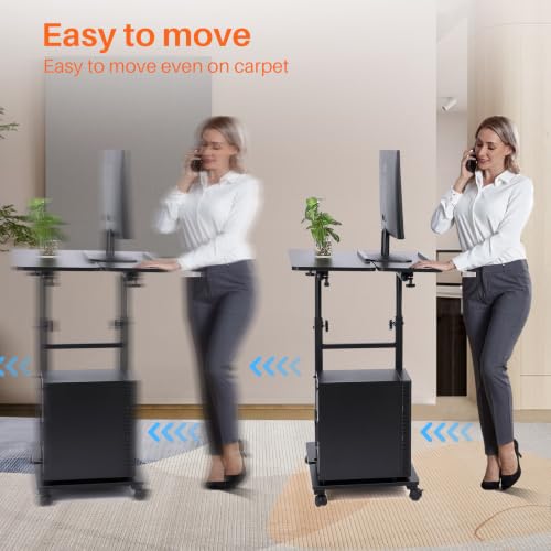 Hovadova Black Mobile Computer Cart with Tower Stand, 27.5"–47.2" Adjustable Height