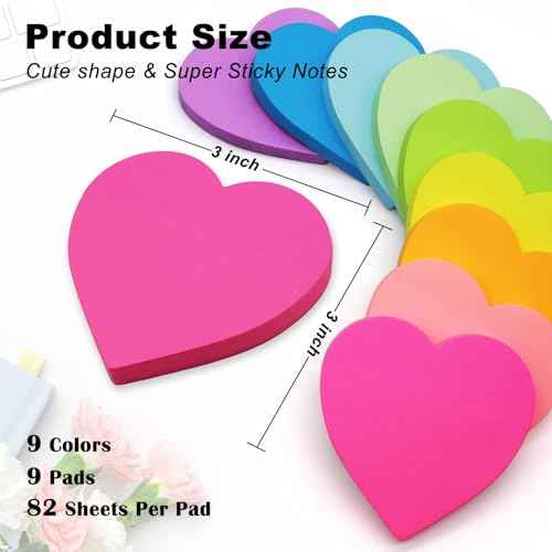 9 Pads Heart Sticky Notes, 3x3 in, 82 Sheets/Pad, Cute Bright Color Heart Shaped Sticky Notes Strong Adhesive Post, Clean Removal