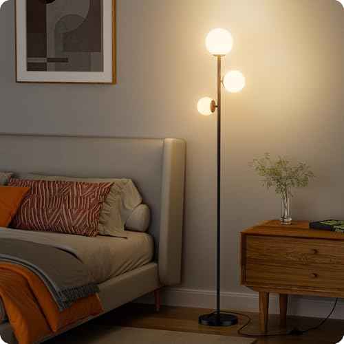 Floor lamp with 3 Frosted Glass Shades,Stangding Lamp Floor Lamps for Living Room Bedroom Office with 3 led Bulbs,Tall lamp with Foot Switch (Black)