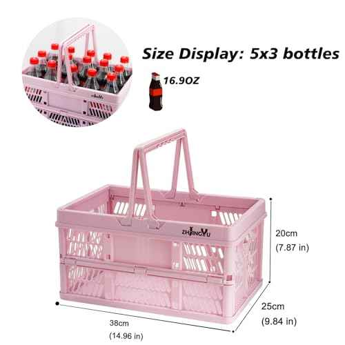 Pink crates for storage,plastic baskets for organizing,collapsible shopping basket,20L foldable crate with Handles,9.84"x14.96" x 7.87",Car Milk Dairy crate for Kitchen,Bathroom,Medicine Garage