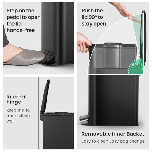 Cesun Matte Black Small Bathroom Trash Can with Lid, 1.6 Gal, Soft Close