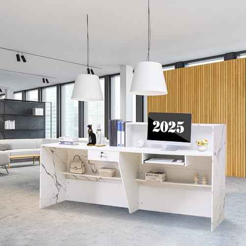 Reception Desk,Modern Checkout Counter with Lockable Drawer,Keyboard Tray and Shelves,White Receptionist Desk for Corporate and Hotel Lobbies£¨23.6¡±D x 86.6¡±W x 43.3¡±H£©