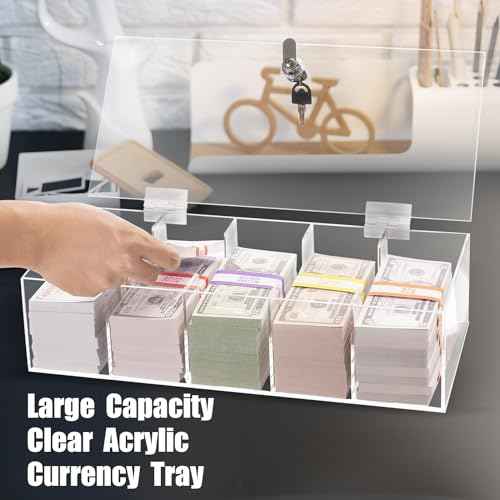 Acrylic Locking Currency Tray With 300 Currency Wrappers, 5 Compartment Clear Cash Organizer Money Storage Box with Lockable Cover for Cash, Moneyboxes Currency Cash Holder for Money