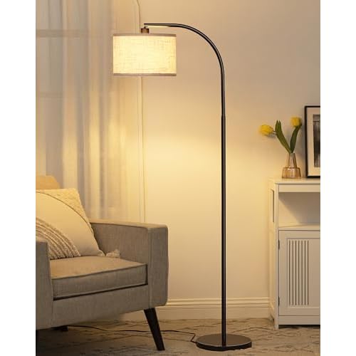 DEWENWILS Black Arched Floor Lamp, Standing Lamp Tall Industrial Floor Lamp with Linen Shade, Reading Light for Living Room, Bedroom, Office, Simple Design Farmhouse Style